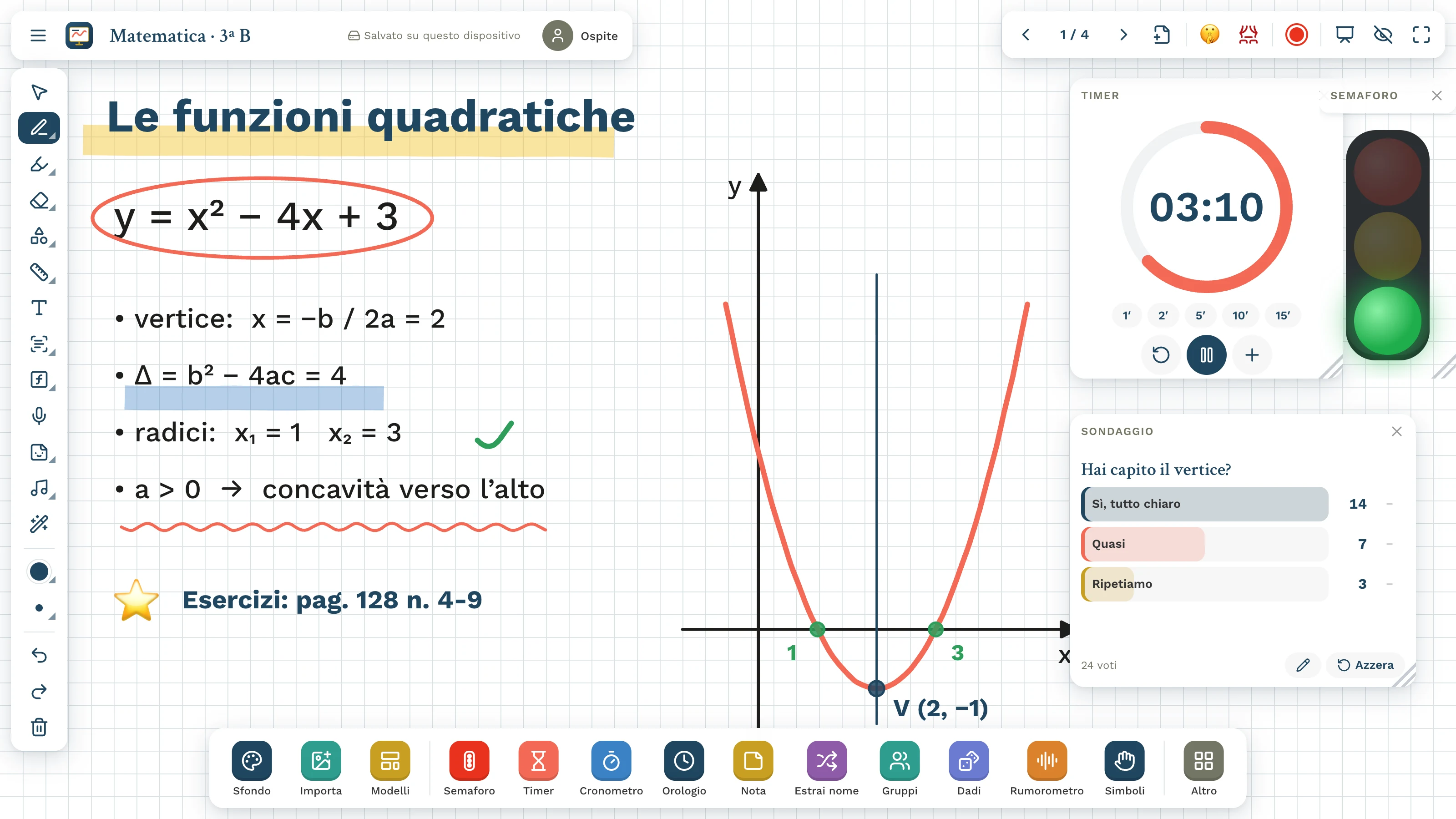 La lavagna con una lezione di matematica, timer, semaforo e sondaggio