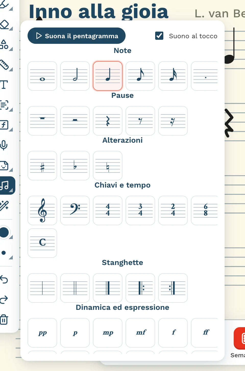 Pannello dei simboli musicali